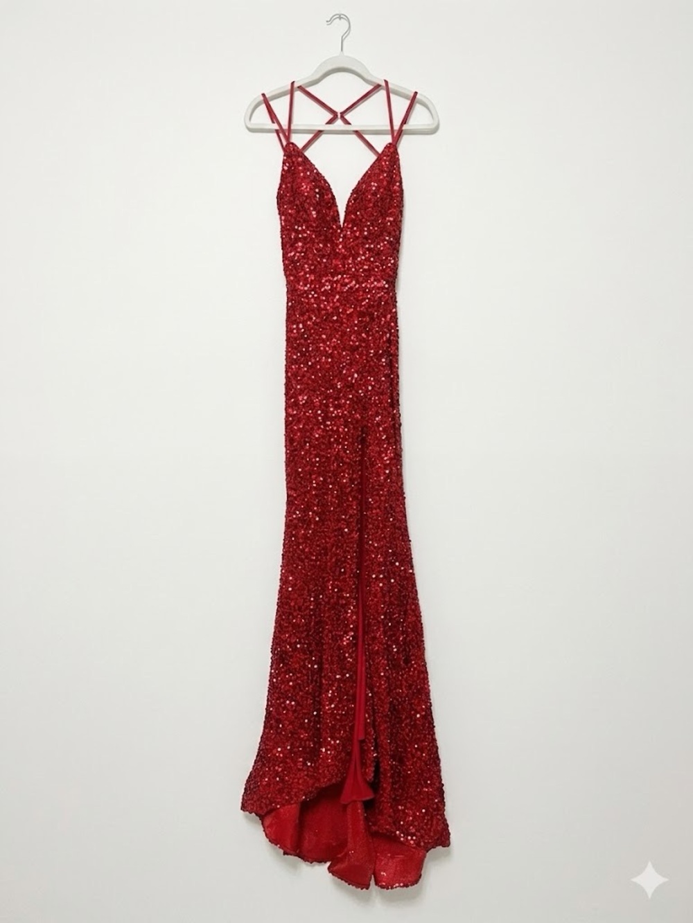 Red Sequin V-Neck Gown with Crisscross Straps